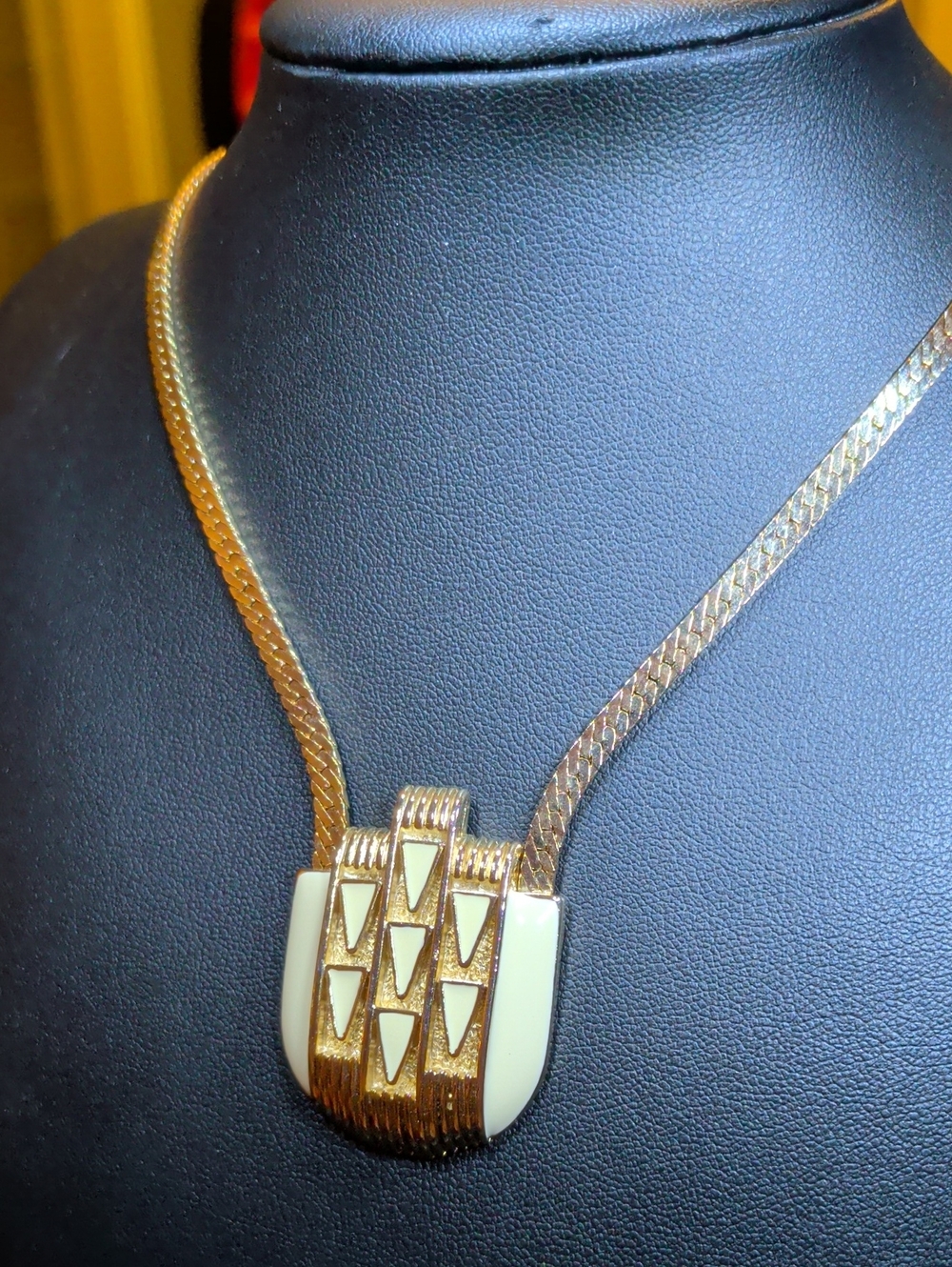 Egypt Revival Gold Plated Pendant Herringbone Necklace 17.5" Long